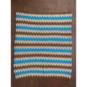 Homemade Handmade Crochet Throw Bed Sofa Blanket Teal Browns Chevrons 38”x 48”